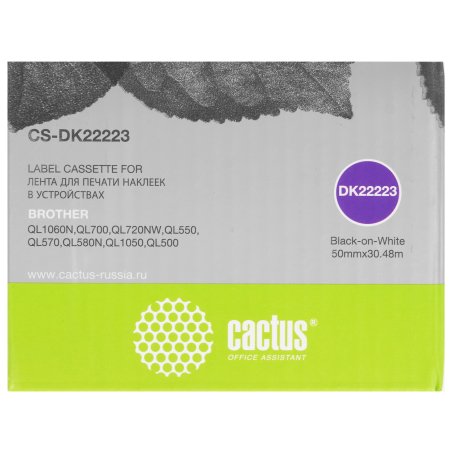 Картридж ленточный Cactus CS-DK22223 50 мм, черный шрифт, белый фон, 30.48 м для Brother P-touch QL-500, QL-550, QL-700, QL-800