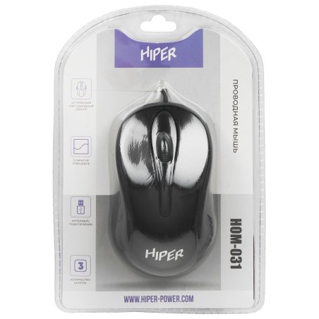 Мышь проводная HIPER HOM-031 черный, 1000 dpi, USB, кнопки - 3
