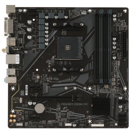 Материнская плата Gigabyte A520M DS3H AC, AM4, AMD A520, 4xDDR4, 4xSATA, 1xM.2, 1xPCIe 3.0 x16, 2xPCIe x1, 1xHDMI, 1xDP, 1xDVI-D, 1x 1Gb LAN, Wi-Fi, Bluetooth, 4xUSB-A 3.2 Gen 1, 2xUSB-A 2.0, 3x3.5 мм, 7.1, mATX