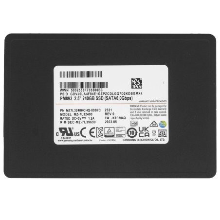 Накопитель SSD Samsung PM893, 240Gb, SATA III, 2.5", нет NVMe, R/W 550/380, без радиатора, черный