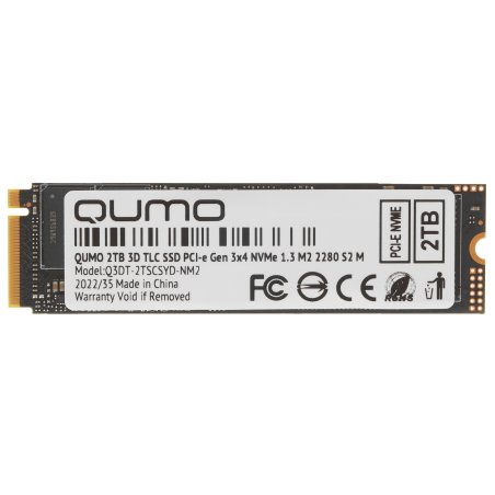 Накопитель SSD 2Tb PCIe Gen3x4 NVMe 1.3 M2 2280 QUMO Novation TLC 3D (SM2262 AB) CDM r/w 3333/2743 Mb/s, 4K-64 303K/265K IOPS, TbW 700, 2Gb DRAM (Q3DT-2TSCSYD-NM2) with DRAM