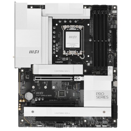 Материнская плата MSI PRO Z890-A WIFI, LGA 1851, Intel Z890, 4xDDR5, 4xSATA, 4xM.2, 1xPCIe 5.0 x16, 2xPCIe 4.0 x4, 1xHDMI, 2xUSB-C Thunderbolt 4, 1xUSB-C 3.2 Gen 2, 3xUSB-A 3.2 Gen 2, 4xUSB-A 3.2 Gen 1, 1x 5Gb LAN, 2x3.5 мм, 7.1, ATX