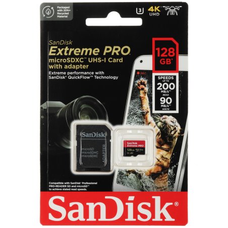 Карта памяти SanDisk Extreme Pro, адаптер в комплекте microSD UHS I Card 128Gb for 4K Video on Smartphones, Action Cams & Drones 200MB/s Read, 90MB/s Write, Lifetime Warranty