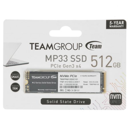 Накопитель SSD Team Group M.2 2280 512GB MP33 Client SSD [TM8FP6512G0C101] PCIe Gen3x4 with NVMe, 1700/1400, IOPS 220/200K, MTBF 1.5M, 3D NAND, ?MB, 350TBW, 0,37DWPD, RTL  (480089)
