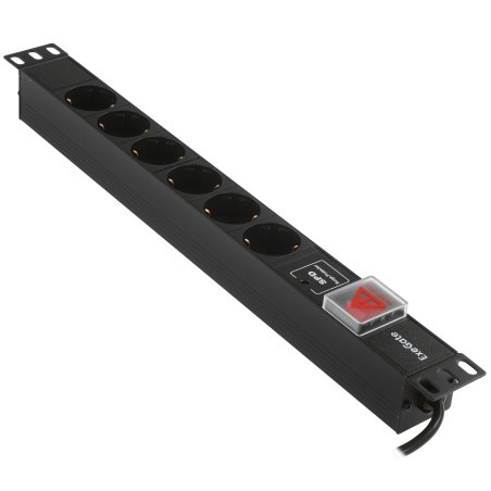 Блок розеток горизонтальный ExeGate ServerPro PDU-19H609 Al-6S-C14-2, 19", 1U, Алюминий, 6 Schuko, кабель с вилкой C14 VDE-250V-10A-3*1.0мм2, 2 метра, выкл. с подсветкой, SPD1, черный