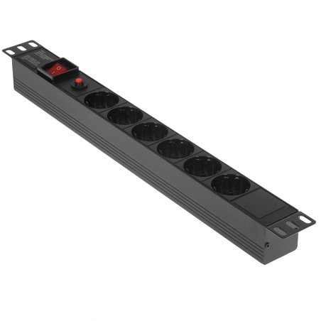 Блок розеток горизонтальный ExeGate ServerPro PDU-19H605 Al-6S-C14-SW-O, 19", 1U, Алюминий, 6 Schuko, С14, выкл. с подсветкой, защита от перегрузки, черный
