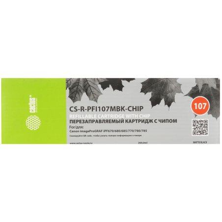Картридж перезаправляемый струйный Cactus CS-R-PFI107MBK-CHIP (260мл) для Canon imageProGRAF iPF670/680/685/770/780/785 с чипом
