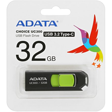 Флешка USB ADATA UC300 (ACHO-UC300-32G-RBK/GN), 32Gb, Type-C USB 3.2, R/W 100/30, черный/зеленый
