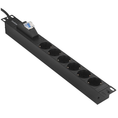 Блок розеток горизонтальный ExeGate ServerPro PDU-19H610 Al-6S-EU2.5-1P, 19", 1U, Алюминий, 6 Schuko, кабель с евровилкой VDE-250V-16A-3*1.5мм2, 2.5 метра, защита от перегрузки, черный