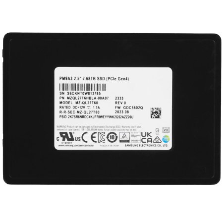 Накопитель SSD Samsung PM9A3 черный MZQL27T6HBLA-00A07, 7.68Tb, PCIe 4.0 x4, 2.5", U.2, NVMe, R/W 6700/4000
