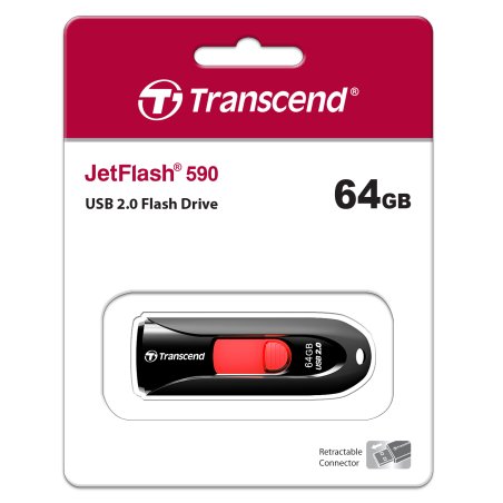 Флешка USB Transcend JetFlash 590 (TS64GJF590K), 64Gb, USB 2.0, R/W 25/15, черный/красный