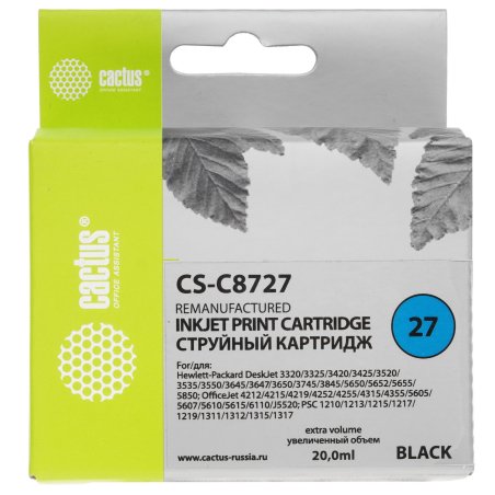 Картридж струйный Cactus CS-C8727 №27 черный (20 мл) для HP DeskJet 3320, 3420, 3520, 3535, 3550, 3645, 3650, 3740, 3840, 5150, OfficeJet 4211, 4251, 4311, 4352, 5600, 5610, PSC 1310, 1340, 1350