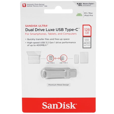 Флешка USB SanDisk Ultra Dual Luxe (SDDDC4-128G-G46), 128Gb, USB 3.1/USB Type-C, R/W 150/40, серебристый