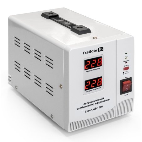 Стабилизатор напряжения ExeGate EX291722RUS Expert AS-1500 (1500ВА, вход 140...260В, двойная цифр. индикация вход/вых. напряжения, выход 220В±8%, КПД 98%, 5 уровней защиты, задержка, метал. корпус, 2 евророзетки, RTL)