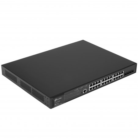Коммутатор TP-Link 24-port Gigabit Managed PoE switch with 4 10G SFP+ ports, support 802.3af/at PoE, 1 console port, 19-inch rack mount, support L2/L2+ features.
