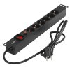 Блок розеток горизонтальный ExeGate ServerPro PDU-19H606 Al-6S-EU2-SW-O, 19", 1U, Алюминий, 6 Schuko, кабель с евровилкой VDE-250V-16A-3*1.5мм2, 2 метра, выкл. с подсветкой, защита от перегрузки, черный