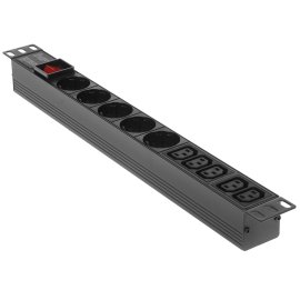 Блок розеток горизонтальный ExeGate ServerPro PDU-19H702 Al-7S-C14-SW-O, 19", 1U, Алюминий, 7 Schuko, С14, защита от перегрузки, черный