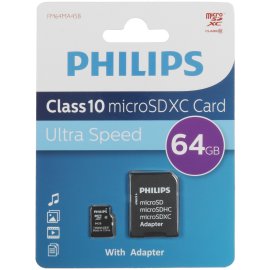 Флеш карта microSD 64Gb PHILIPS microSDHC Class 10 (SD адаптер)