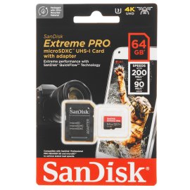 Флеш карта SanDisk Extreme Pro microSD UHS I Card 64GB for 4K Video on Smartphones, Action Cams & Drones 200MB/s Read, 90MB/s Write, Lifetime Warranty