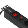 Блок розеток горизонтальный ExeGate ServerPro PDU-19H606 Al-6S-EU2-SW-O, 19", 1U, Алюминий, 6 Schuko, кабель с евровилкой VDE-250V-16A-3*1.5мм2, 2 метра, выкл. с подсветкой, защита от перегрузки, черный