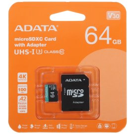 Флеш карта microSD A-DATA 64Gb microSDXC Class 10 UHS-I U3 V30 A2 160/140 MB/s (SD адаптер)