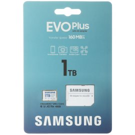 Карта памяти Samsung EVO Plus, microSDXC, 1TB, Class 10, A2, V30, UHS-I (U3), W 90 МБ/с, R 160 МБ/с, адаптер на SD