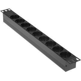 Блок розеток горизонтальный ExeGate ServerPro PDU-19H702 Al-7S-C14-SW-O, 19", 1U, Алюминий, 7 Schuko, С14, защита от перегрузки, черный