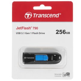 Флешка USB Transcend JetFlash 790 (TS256GJF790K), 256Gb, USB 3.1, R/W 90/40, черный/синий