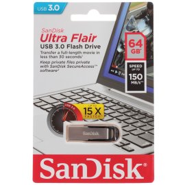 Флешка USB Sandisk 64Gb Cruzer Ultra Flair SDCZ73-064G-G46 USB 3.0 серебристый/черный