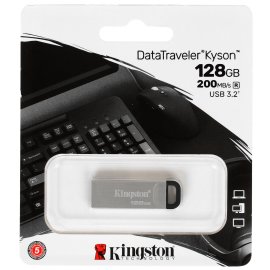 Флешка USB Kingston DataTraveler KYSON (DTKN/128 Gb), 128Gb, USB 3.2 Gen 1, R/W 200/60, серебристый/черный